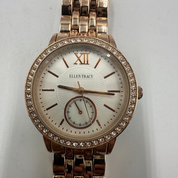 3/$30 Ellen Tracy Watch Women Rose Gold Crystal Bezel Round Dial 36MM - Picture 1 of 10